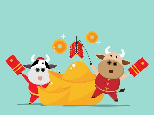 Picture of cartoon cows/ox dressed in traditional Chinese New Year clothes
